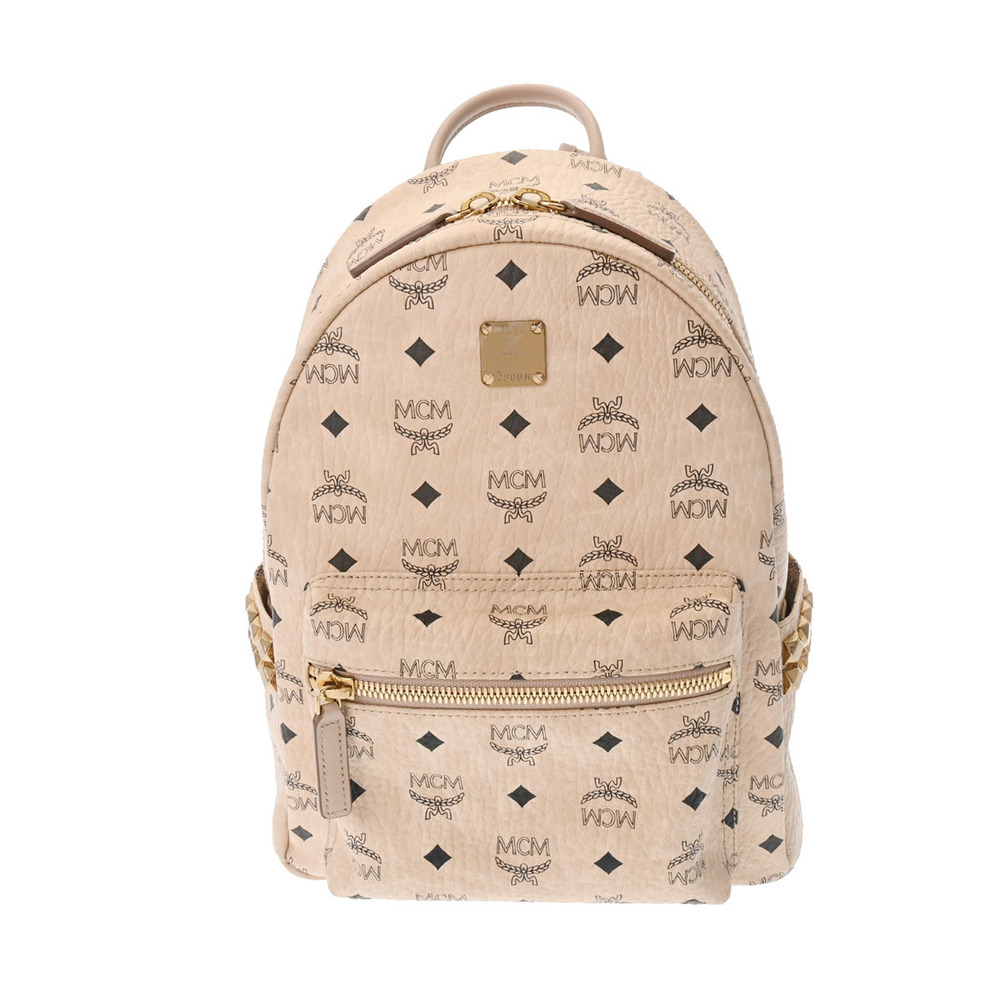 MCM Visetos Studded Backpack Beige Leather Rucksack Daypack